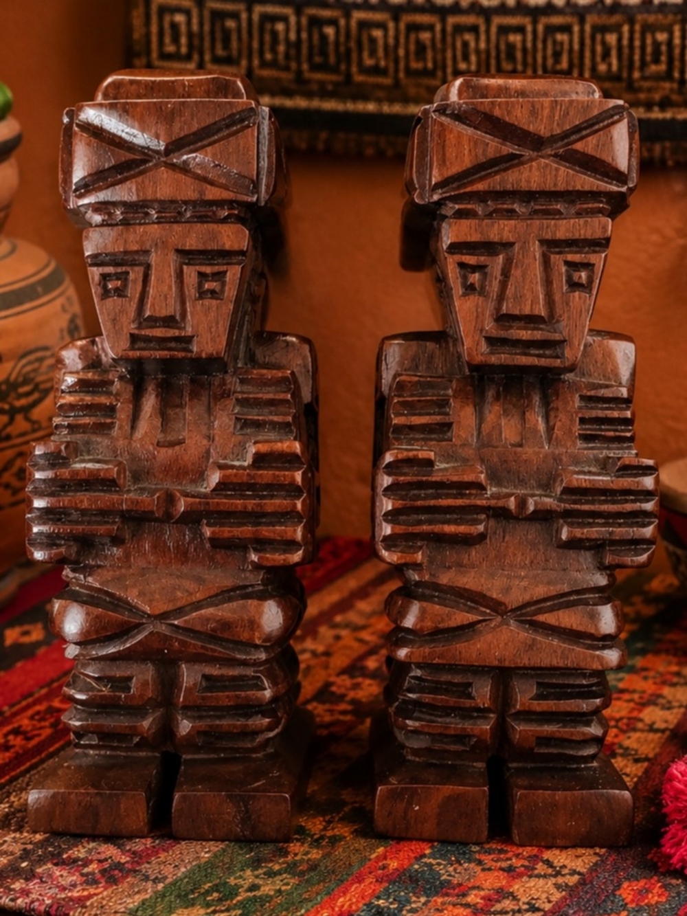 Vintage Inca Ponce Monolith Tiwanaku Bolivia Handmade Wooden Statues 4 1/2" Tall